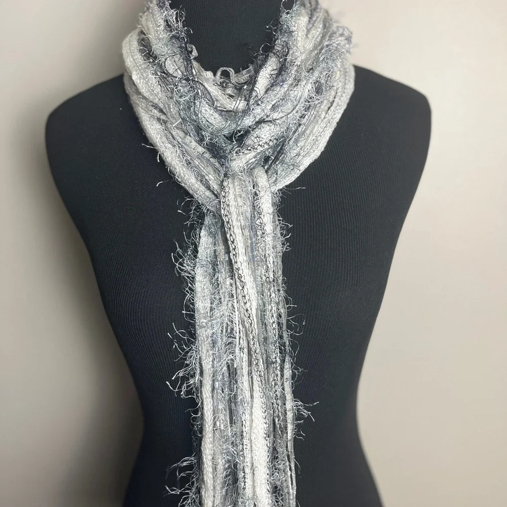White and silver shaggy boho scarf - Picture 8 of 8